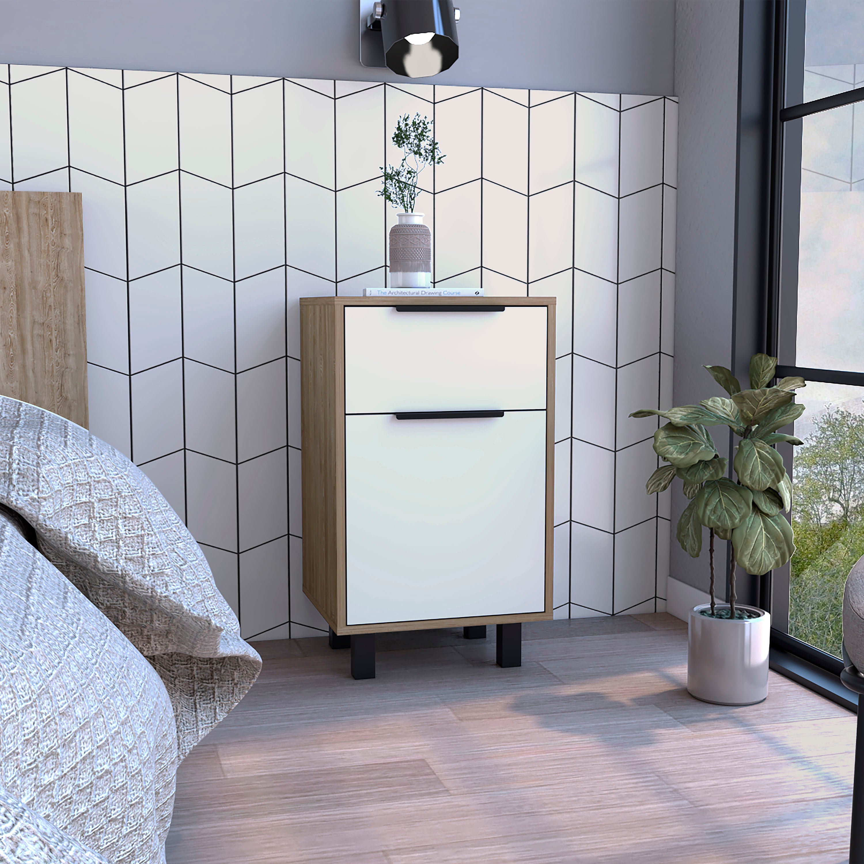 Kaia Z Nightstand , End Table, Side Table One Drawer, One Cabinet,  Four Legs, Superior Top -Pine / White