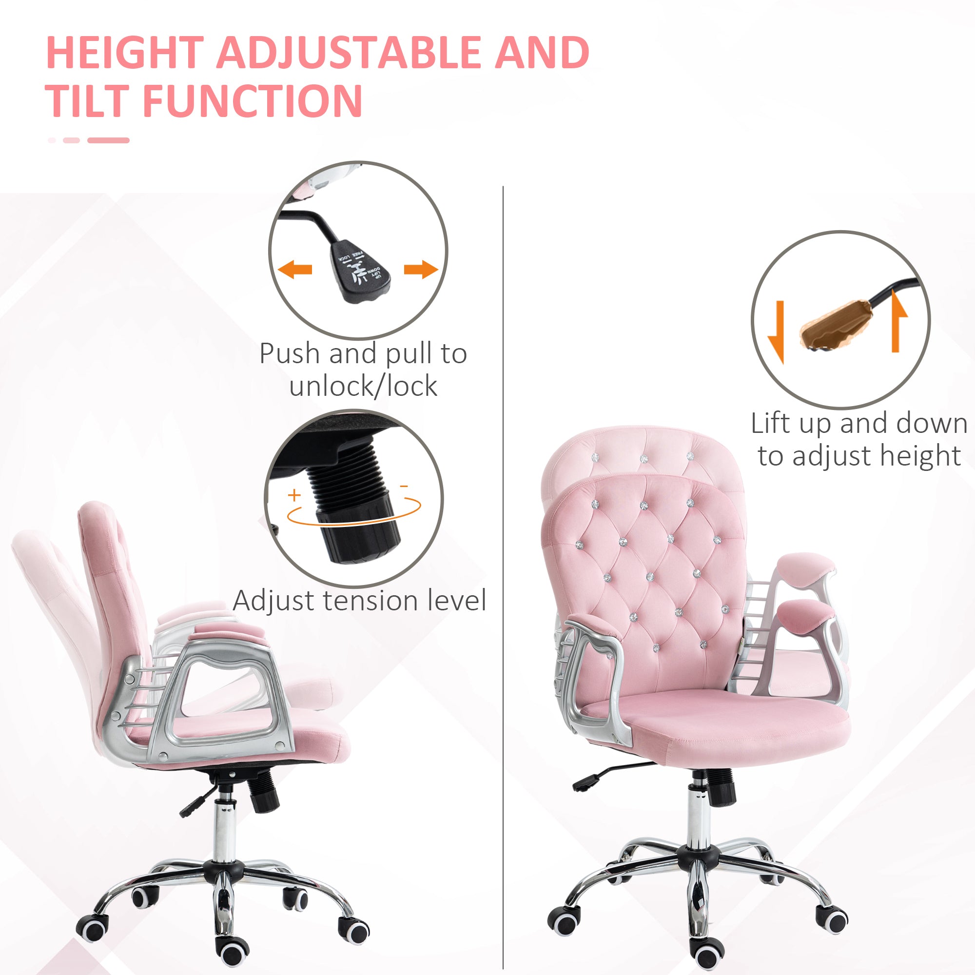 Velvet Home Office Chair Pink - Desk Chair Adjustable Height