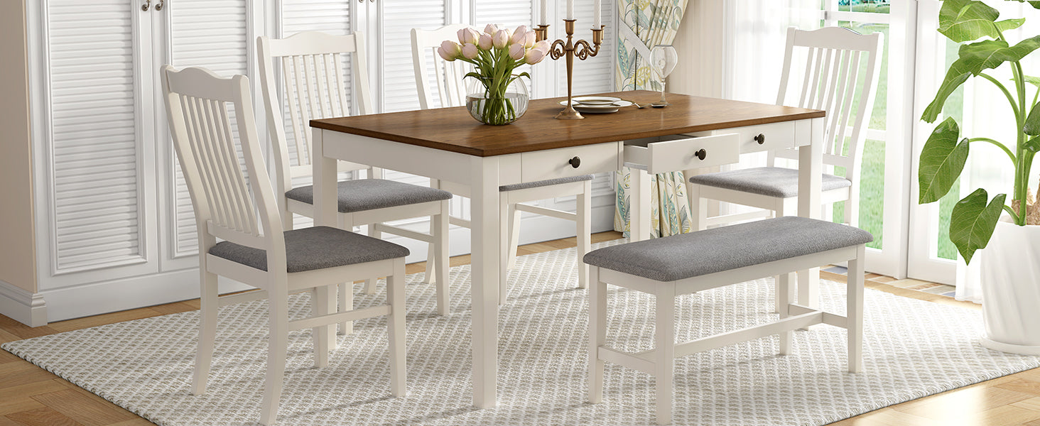 Mid-Century 6-Pc Dining Set w/ Bench - Butter Milk
