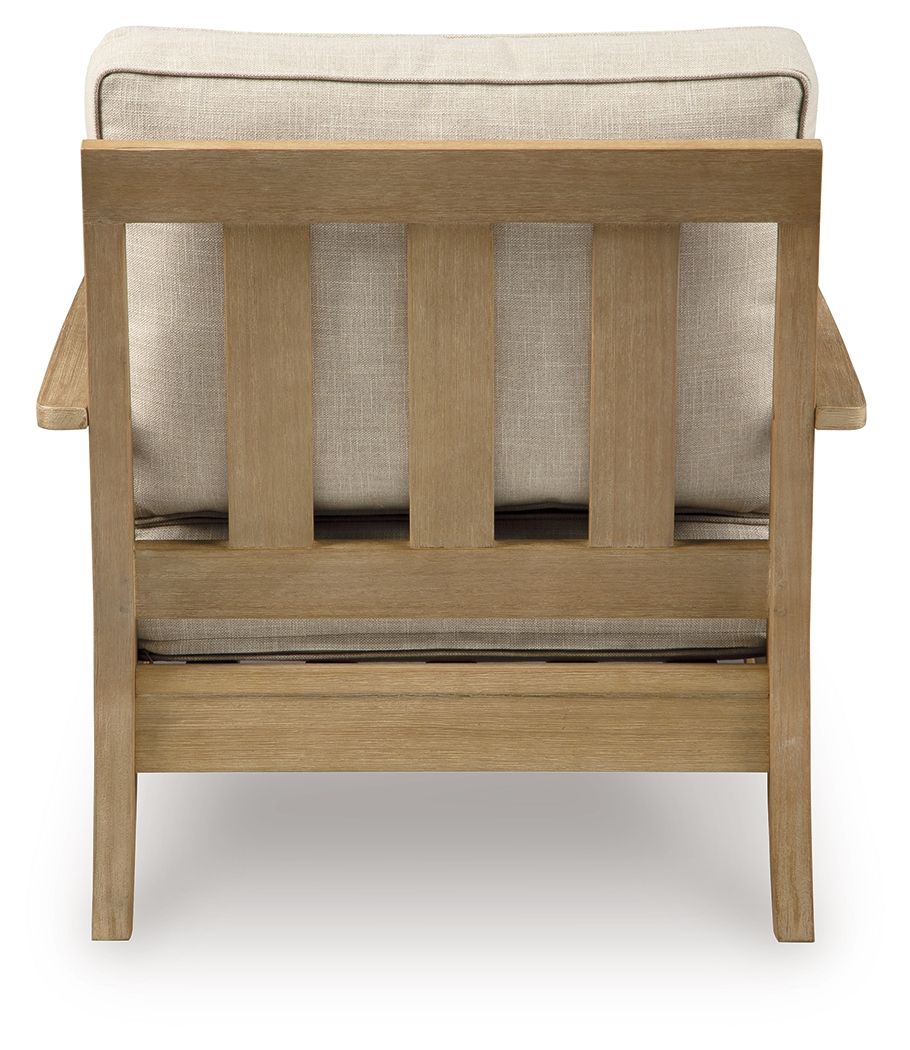 Clare View lounge chair with cushion, beige fabric, slatted wood base front view