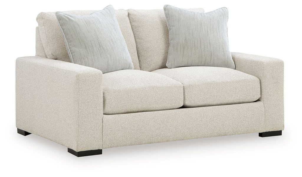 Upholstered linen loveseat with three back cushions, two seat cushions, dark feet