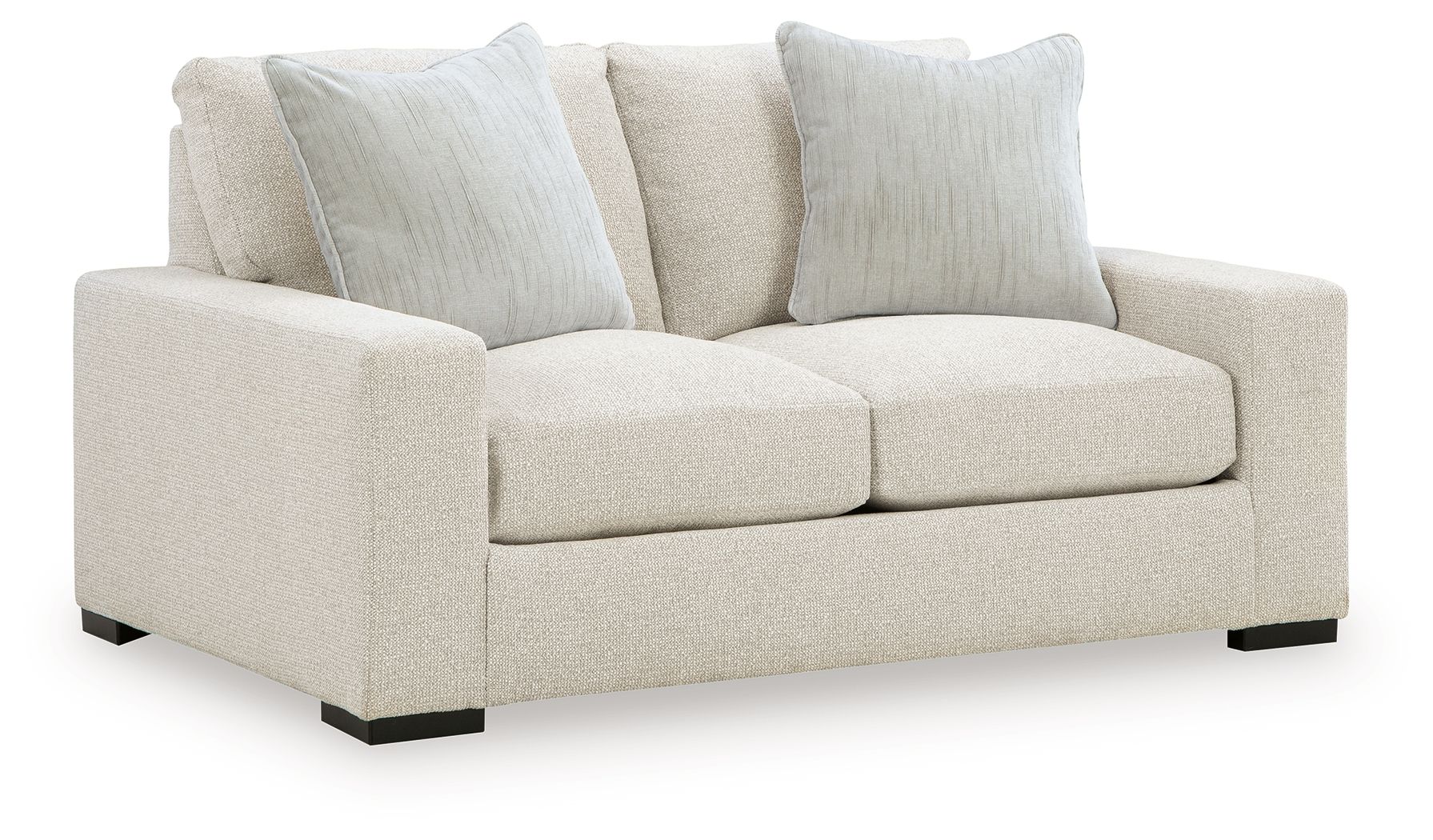 Upholstered linen loveseat with three back cushions, two seat cushions, dark feet