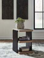 Rectangular end table with black side slats and light brown top and three-tier shelves