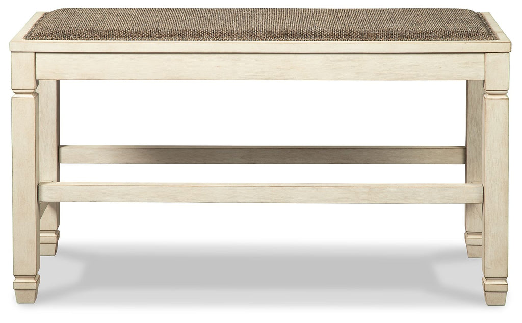 Light beige wooden counter bench with upholstered top and lower support frame