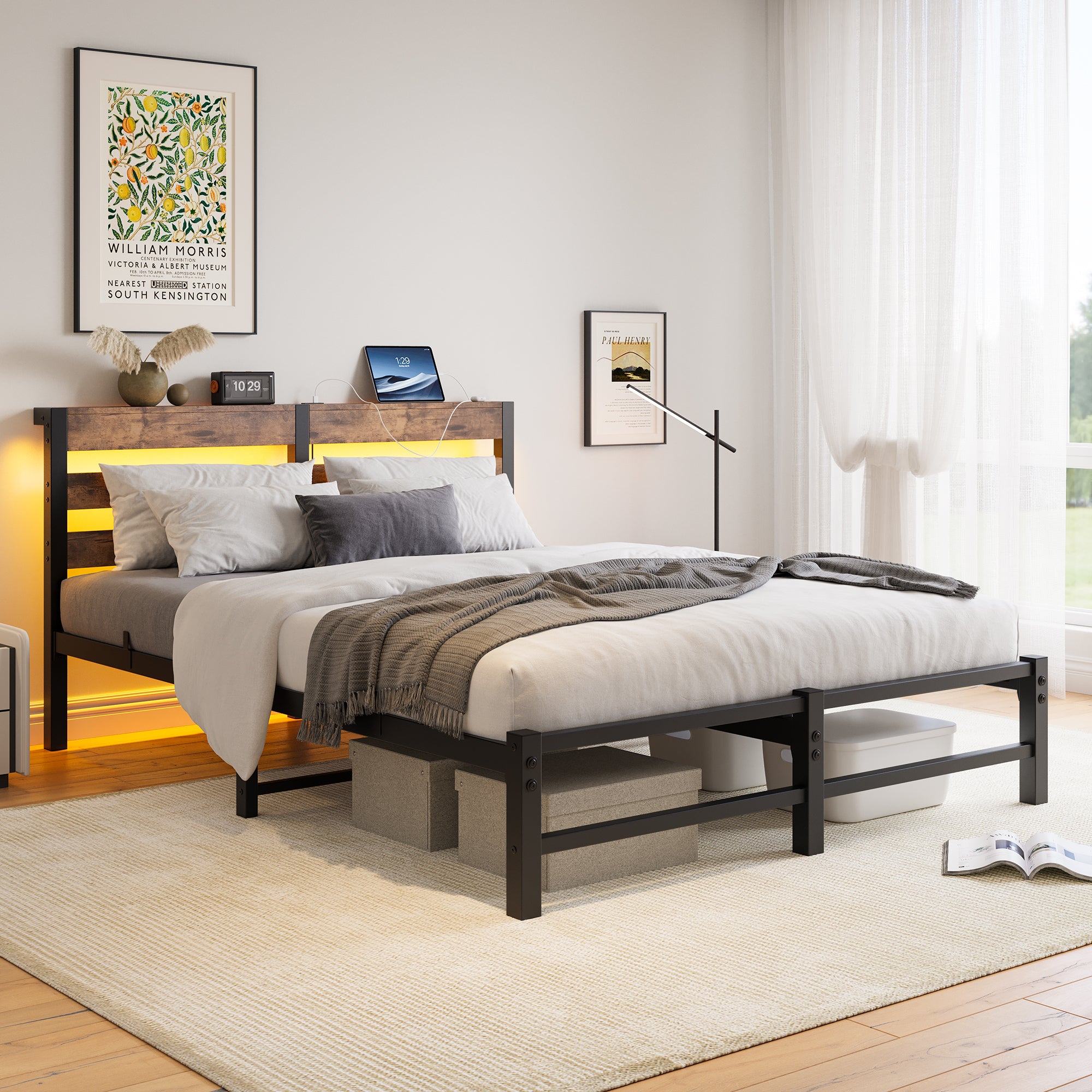 Queen Metal Bed Frame w/ Wooden Headboard, RGB Lights, Charger, Storage