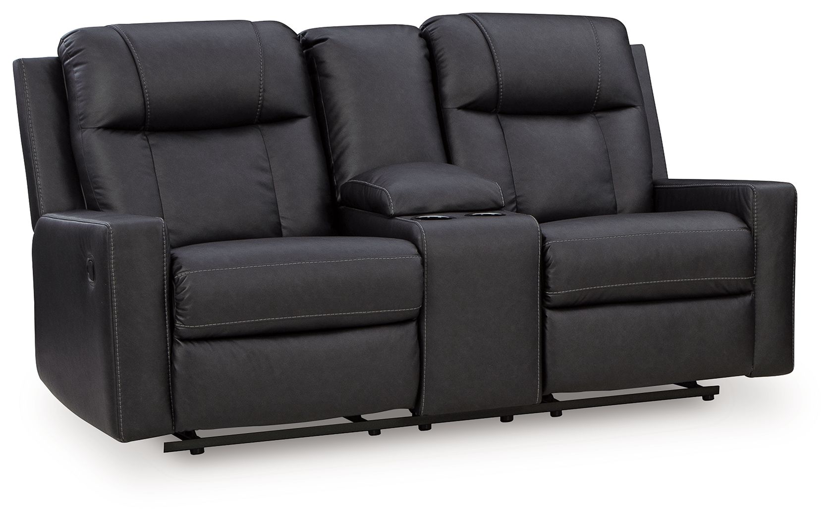 Black double reclining loveseat with center console and cushioned armrests