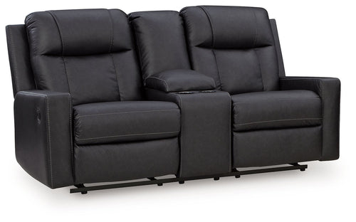 Black double reclining loveseat with center console and cushioned armrests