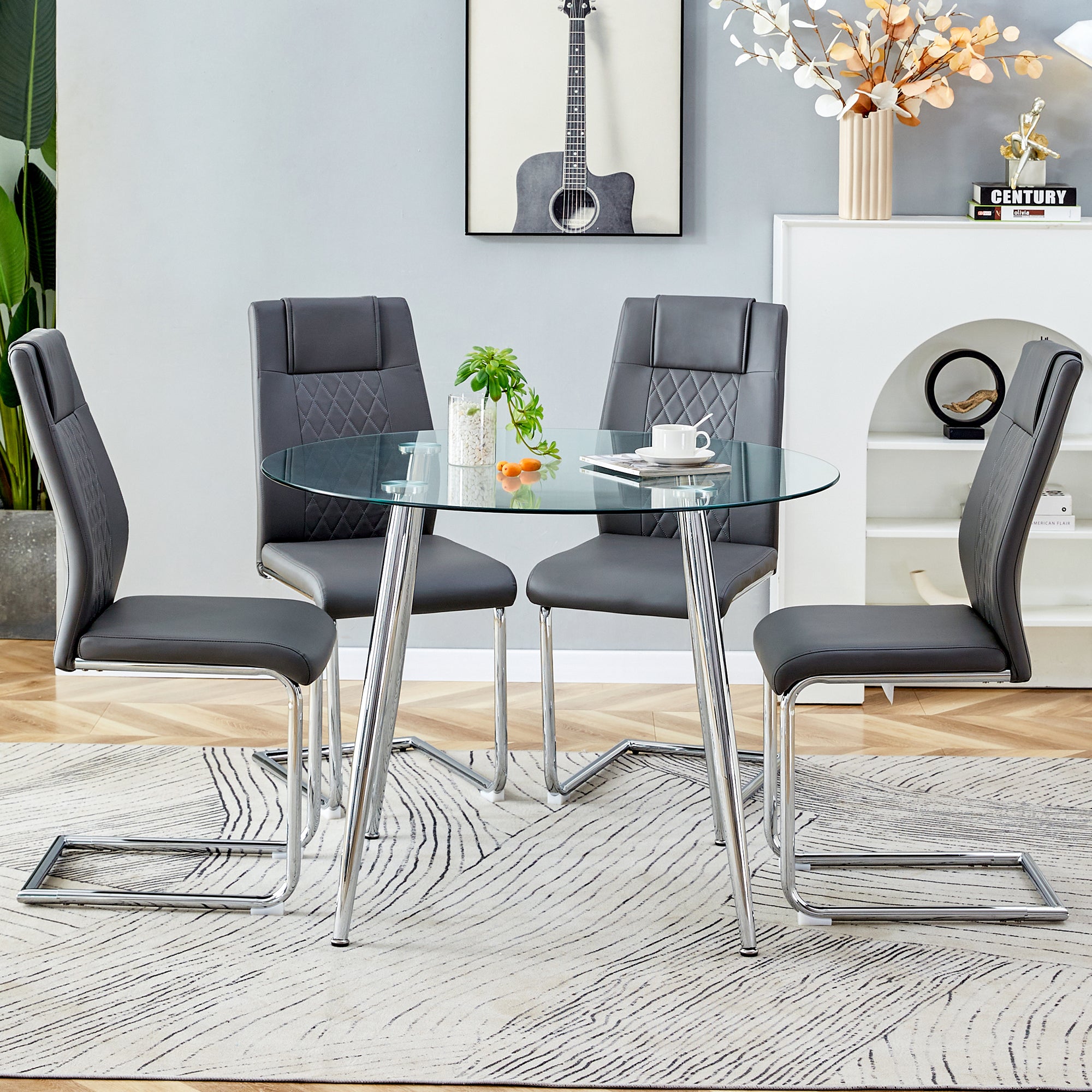 5-Piece Round Dining Table Set w/ Gray Chairs