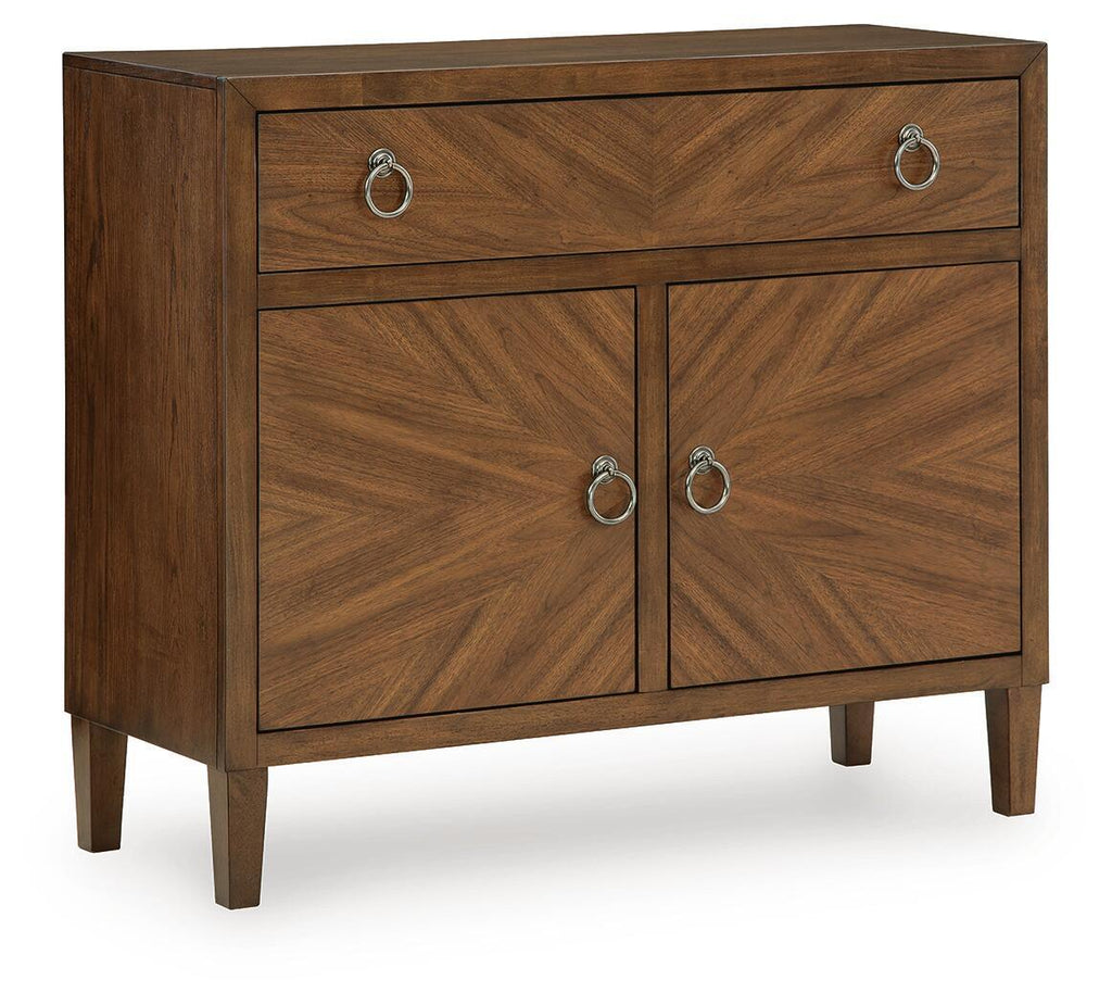 Medium brown accent cabinet with drawer and two-door storage, round metal handles