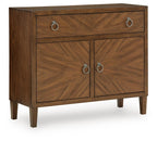 Medium brown accent cabinet with drawer and two-door storage, round metal handles