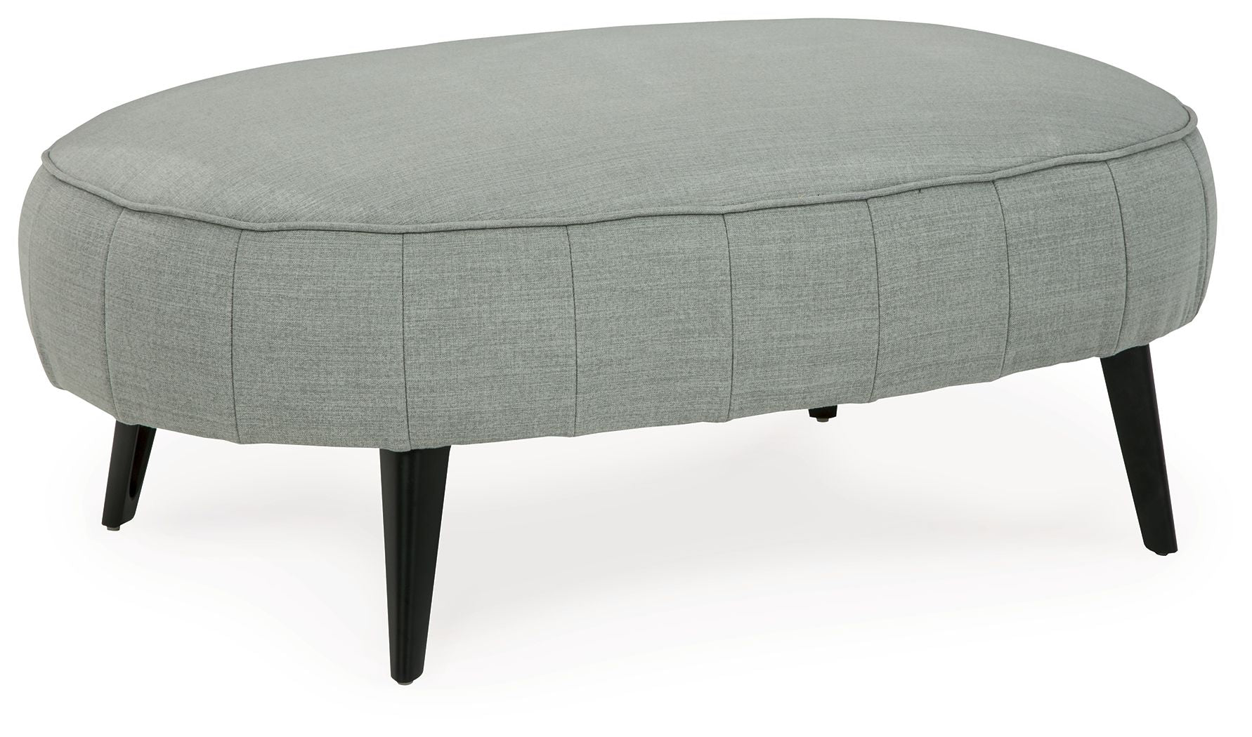 Gray upholstered ottoman with stitched skirt and tapered legs