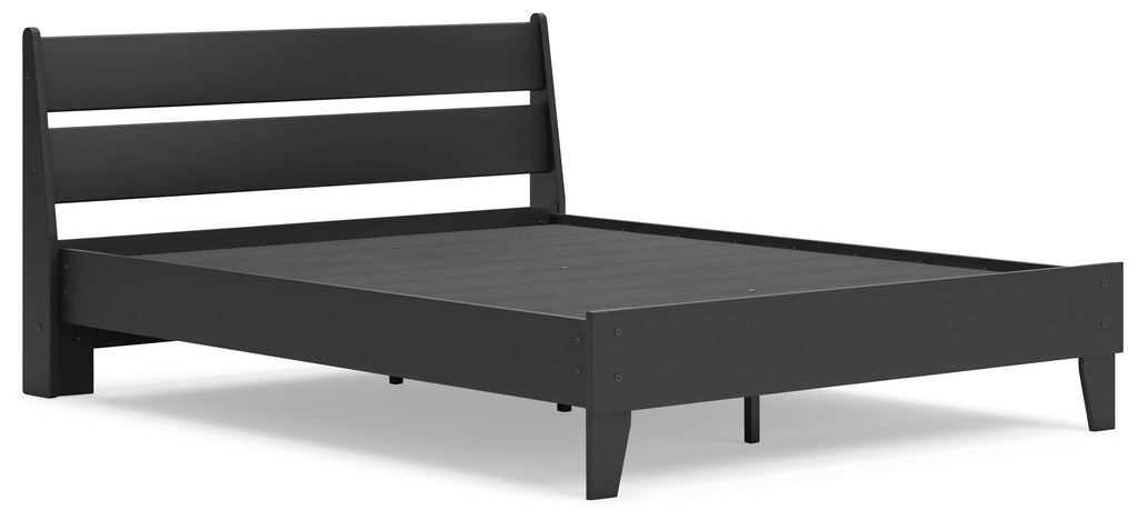 Black panel platform bed with slatted headboard and rectangular platform base