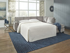 Sofa sleeper with open bed, gray upholstery and white mattress