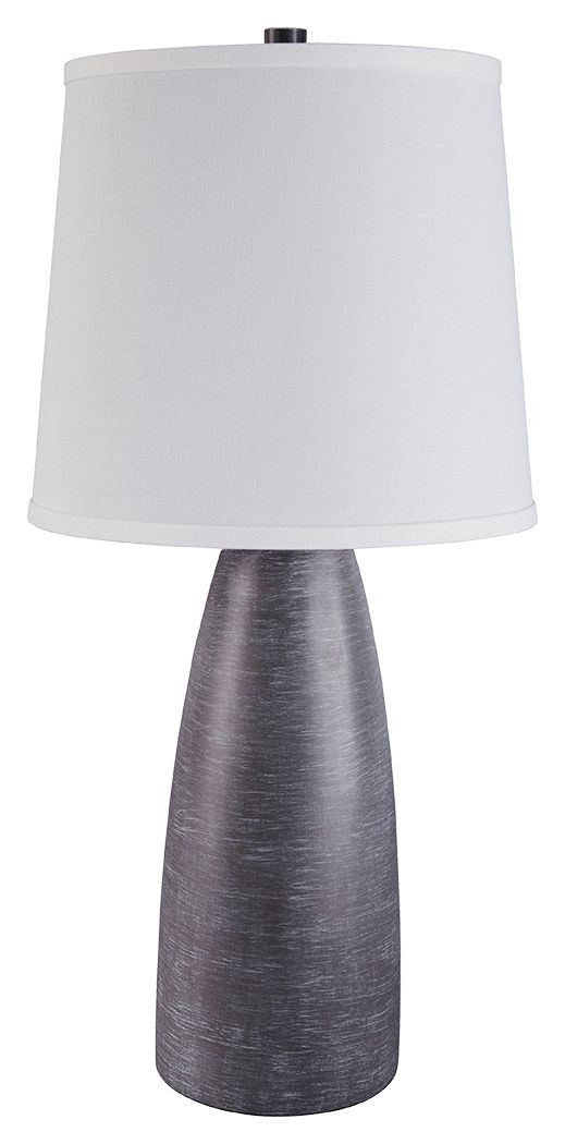 Table lamp with white fabric shade and dark gray textured base