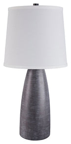 Table lamp with white fabric shade and dark gray textured base