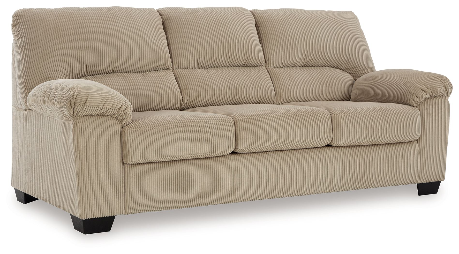 Sand corduroy sofa with square arms and tufted back cushions
