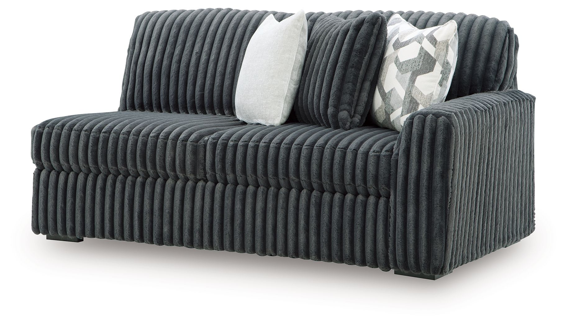 Gunmetal ribbed sofa with square armrest and two decorative pillows