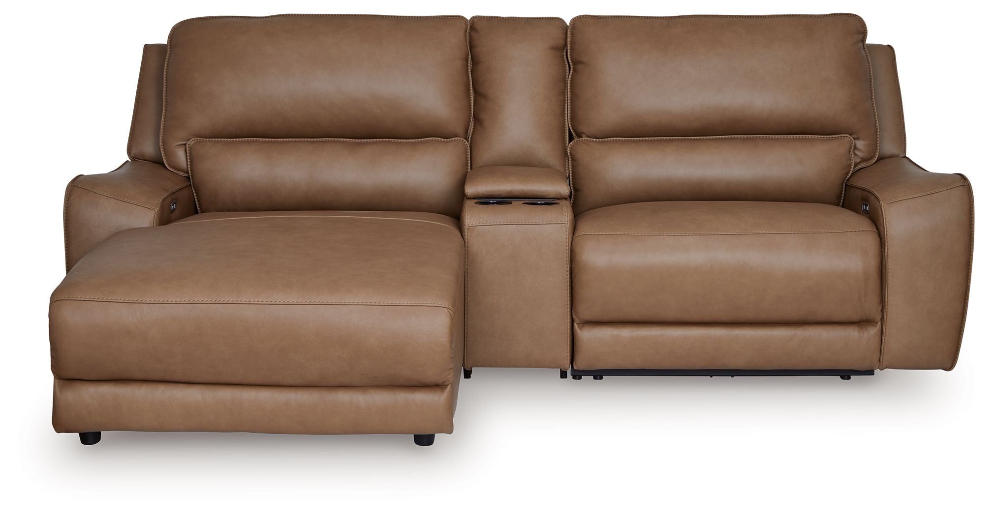 Power reclining sectional sofa with chaise-style footrests in tan leather