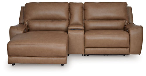 Power reclining sectional sofa with chaise-style footrests in tan leather