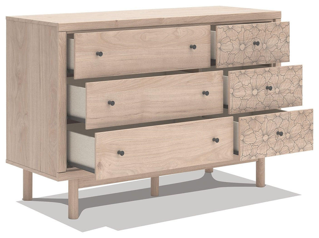 Wood dresser with open storage, three drawers and floral-pattern cabinet fronts with knobs