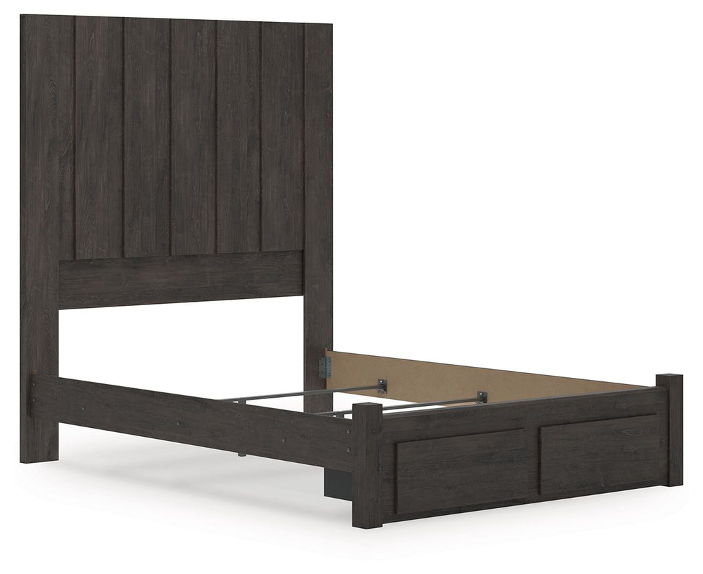 Dark gray storage bed with drawers open, showing interior, white mattress and two pillows
