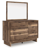 Brown wooden dresser with square mirror and six drawers, flat bar pulls