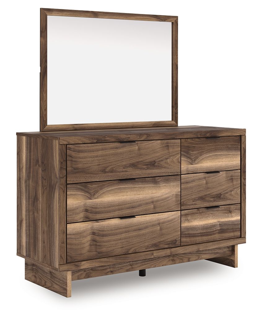 Brown wooden dresser with square mirror and six drawers, flat bar pulls