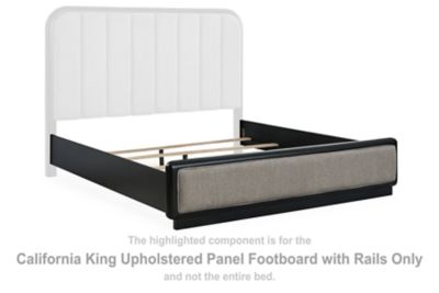 Gray upholstered panel footboard with black rails and fabric edge trim.