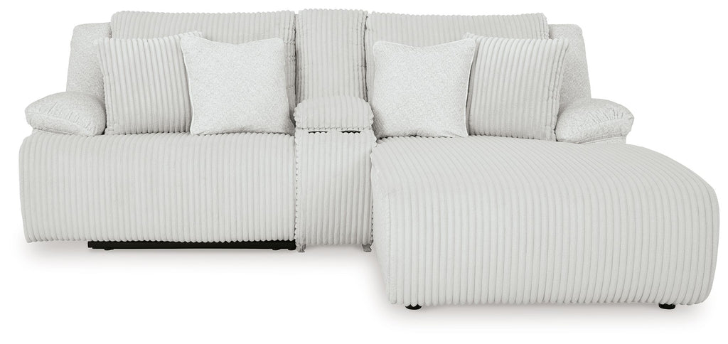 Light gray corduroy-style reclining sectional sofa with chaise and back pillows