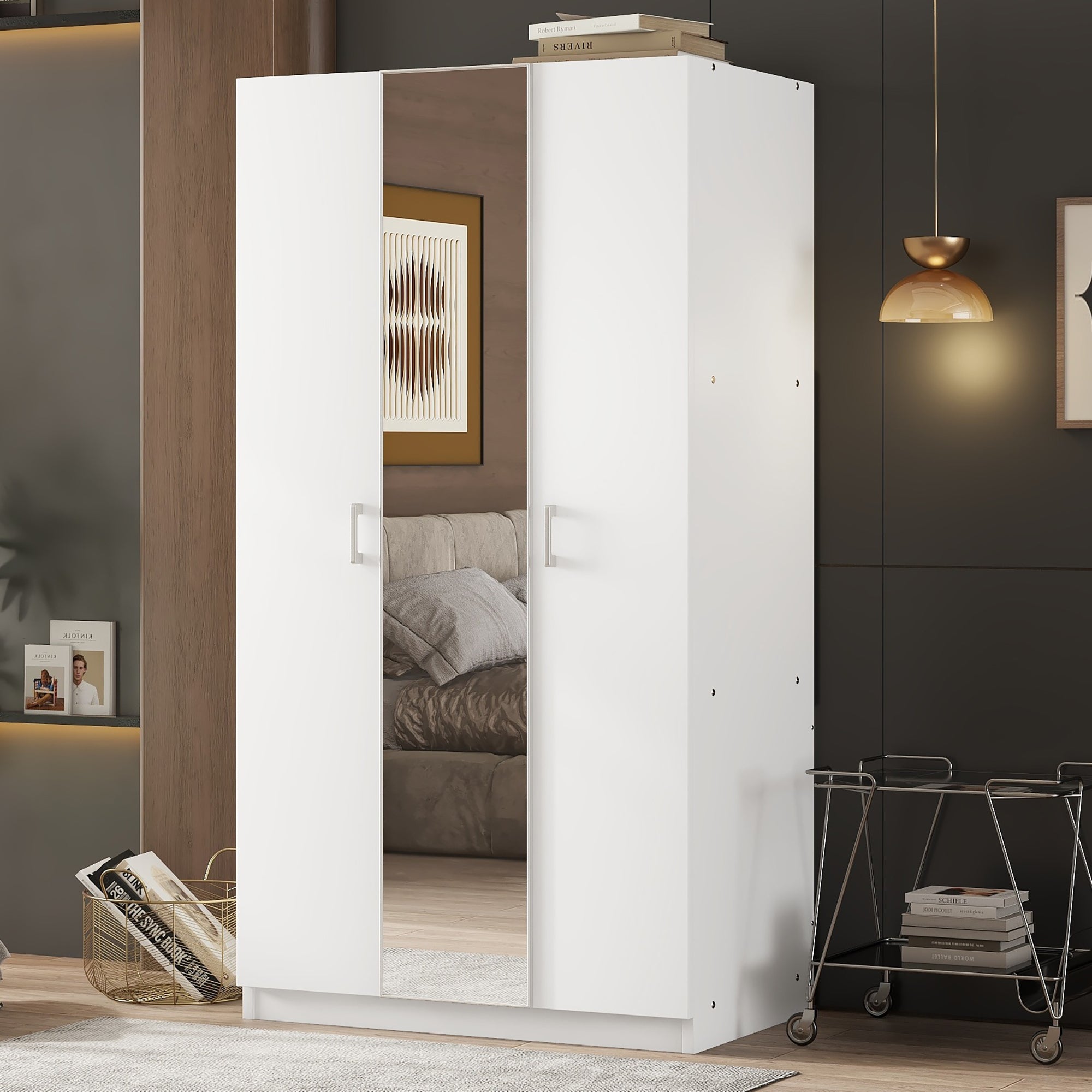 3 Door Wardrobe w/ Mirror, Hanging Rod, White