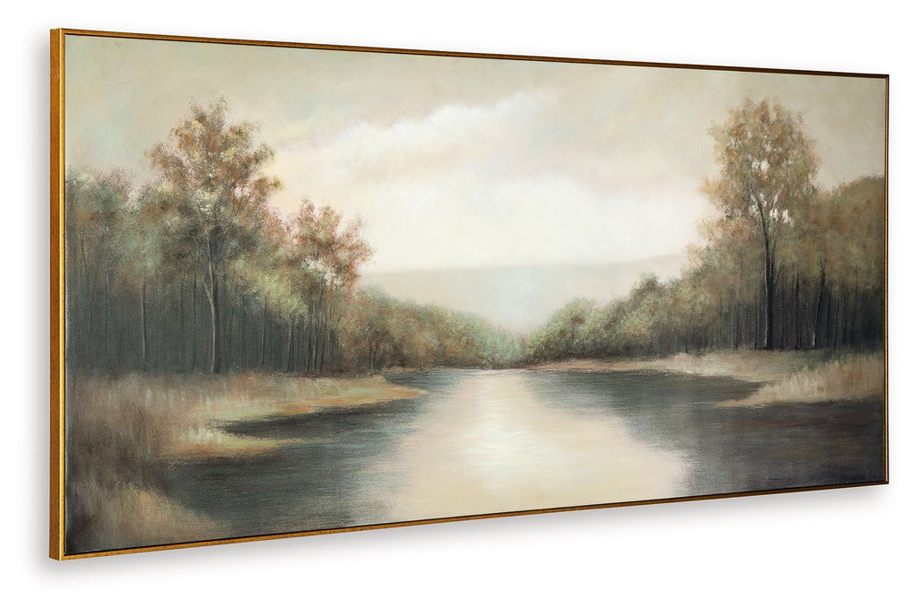 Framed river scene wall art with tree-lined banks, misty sky, and calm water