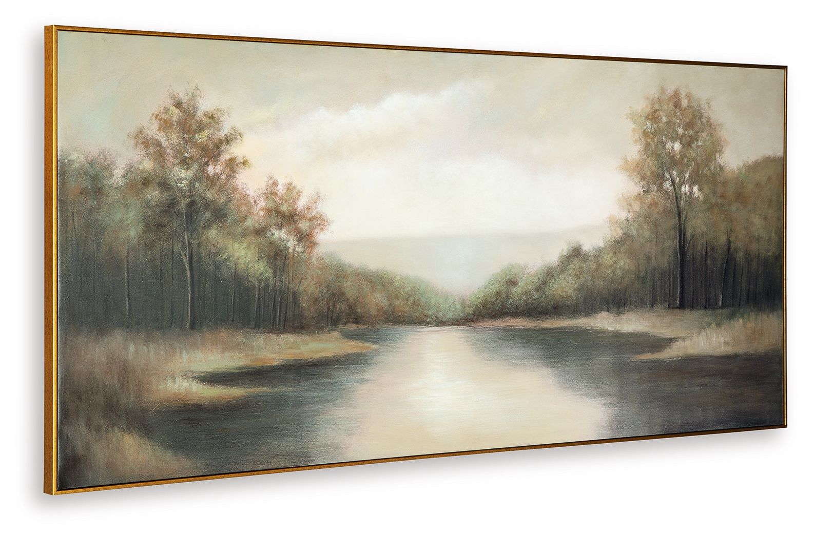Framed river scene wall art with tree-lined banks, misty sky, and calm water