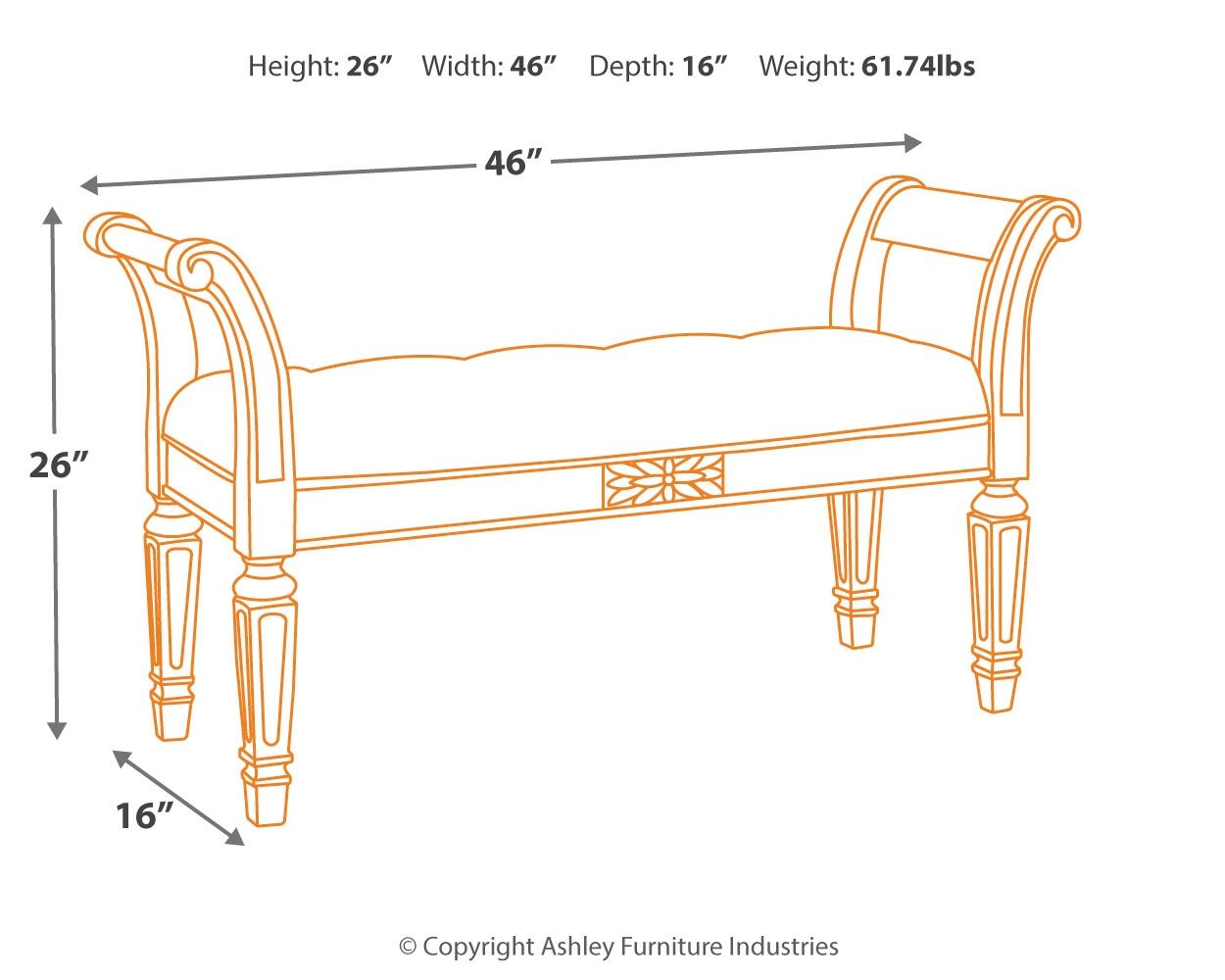 Accent bench diagram with 26 in height, 46 in width, 16 in depth
