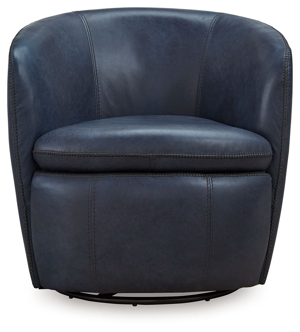 Blue leather-look swivel chair with rounded back and cushioned seat, stitched edges.