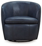 Blue leather-look swivel chair with rounded back and cushioned seat, stitched edges.