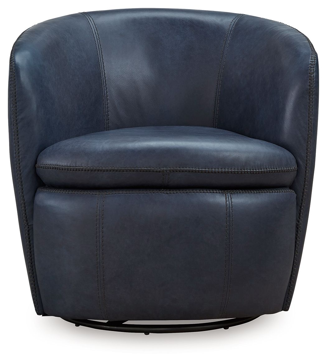Blue leather-look swivel chair with rounded back and cushioned seat, stitched edges.