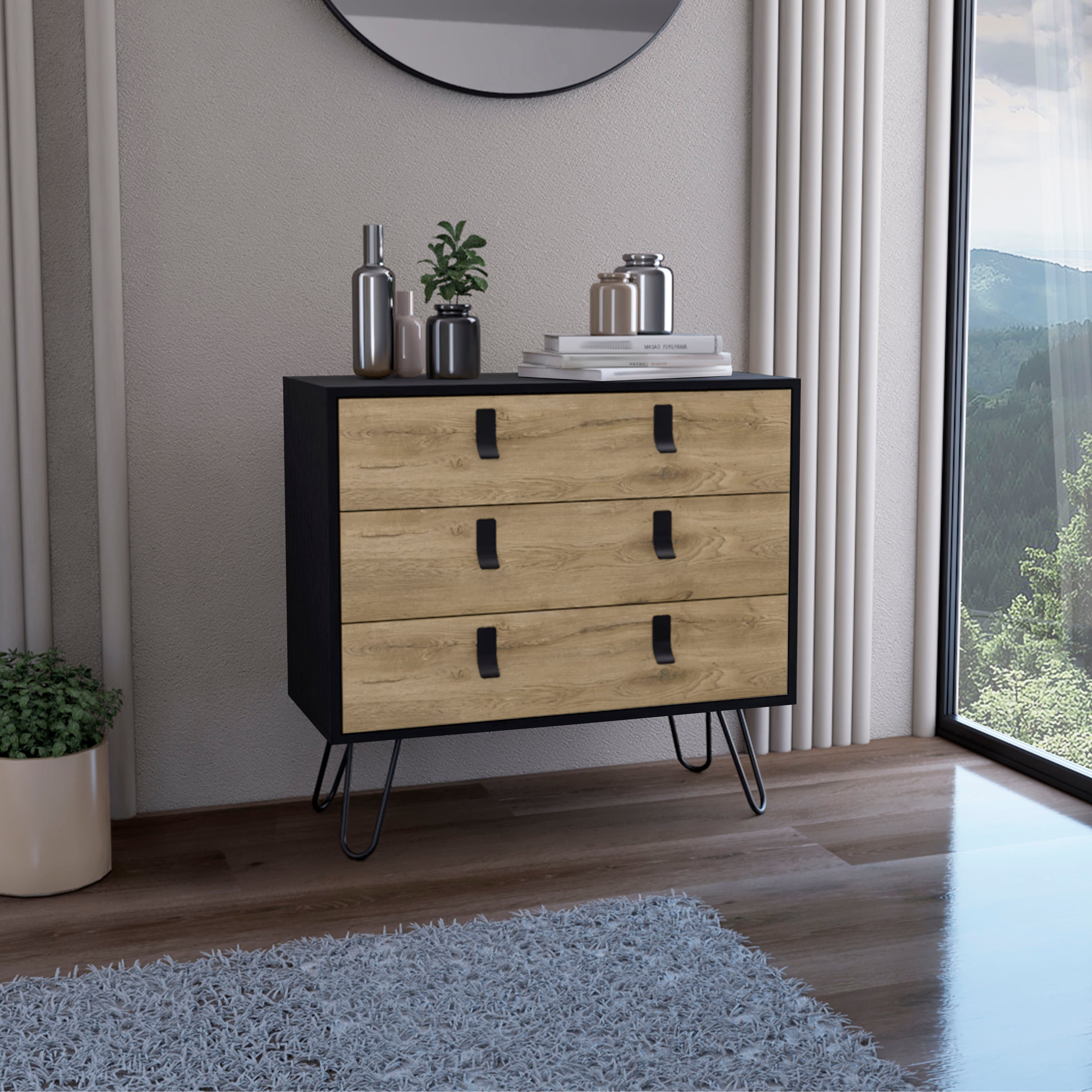 Black Macadamia Modern 3-Drawer Dresser with Hairpin Legs