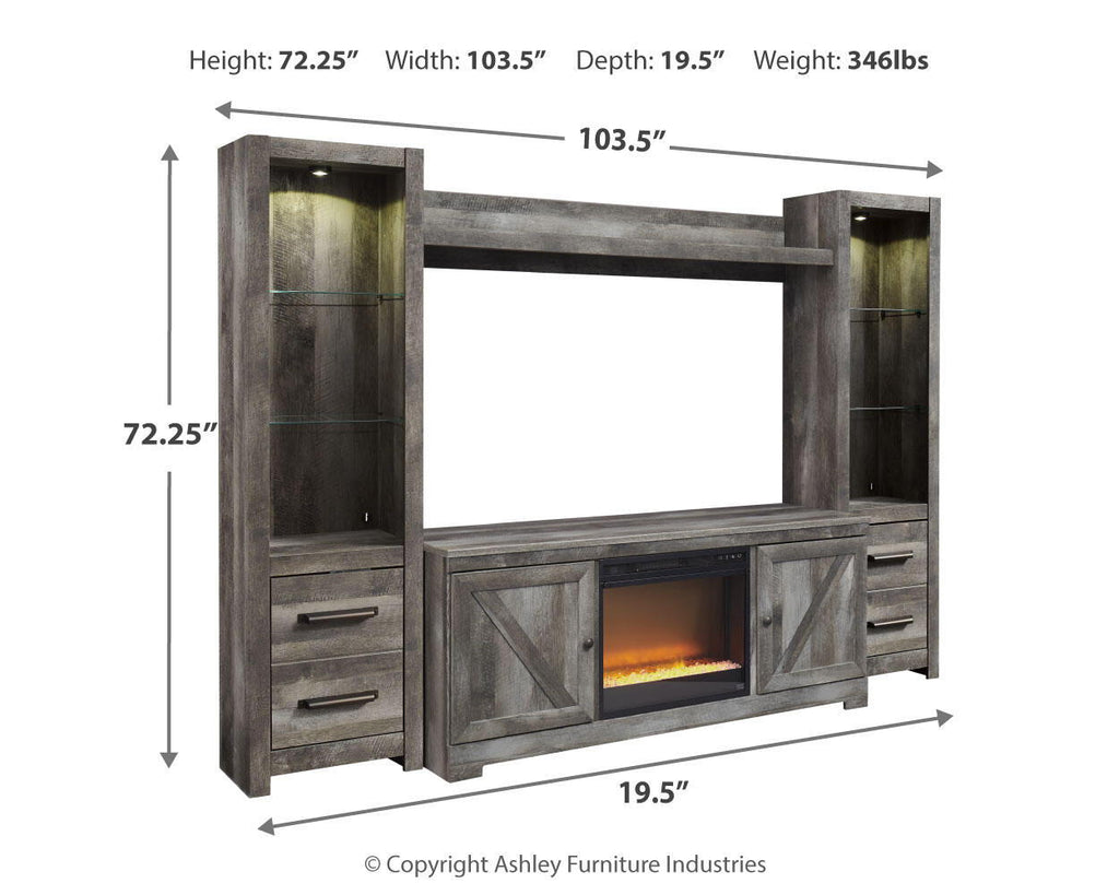 Gray entertainment center with TV opening and faux fireplace insert, with size measurements