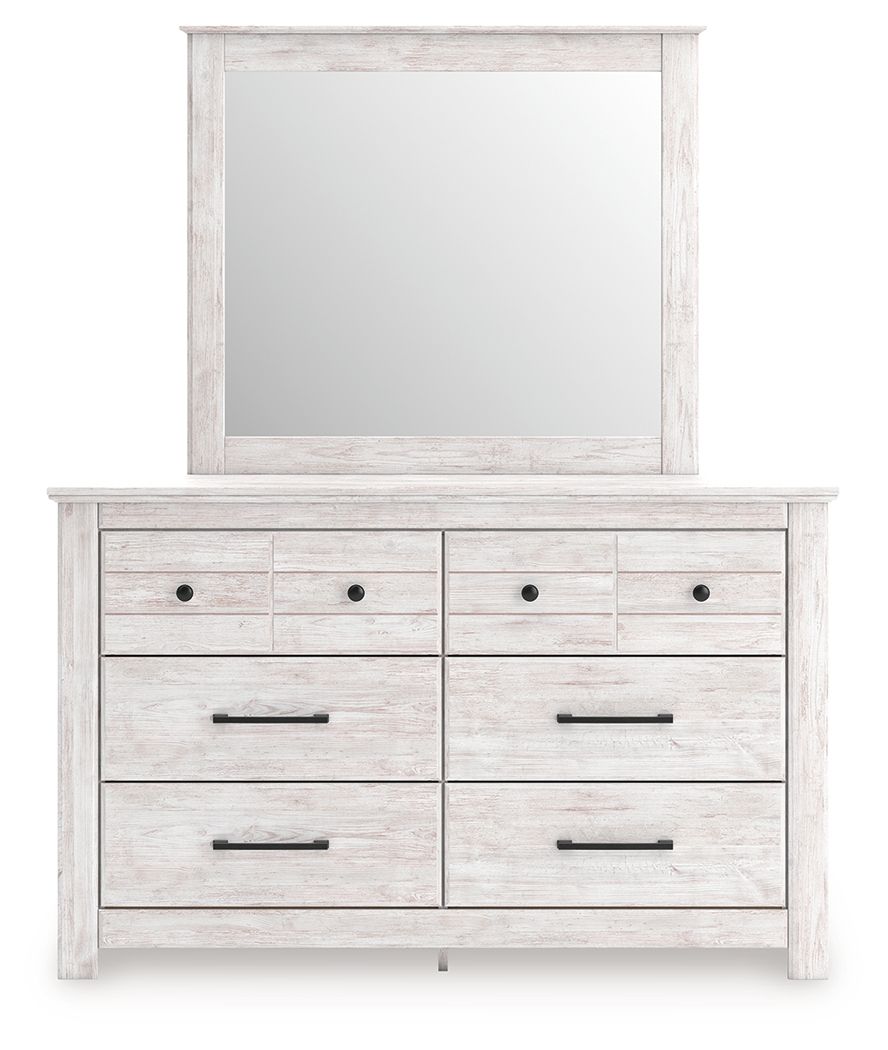 White wood bedroom dresser and wall mirror with six drawers and pull handles