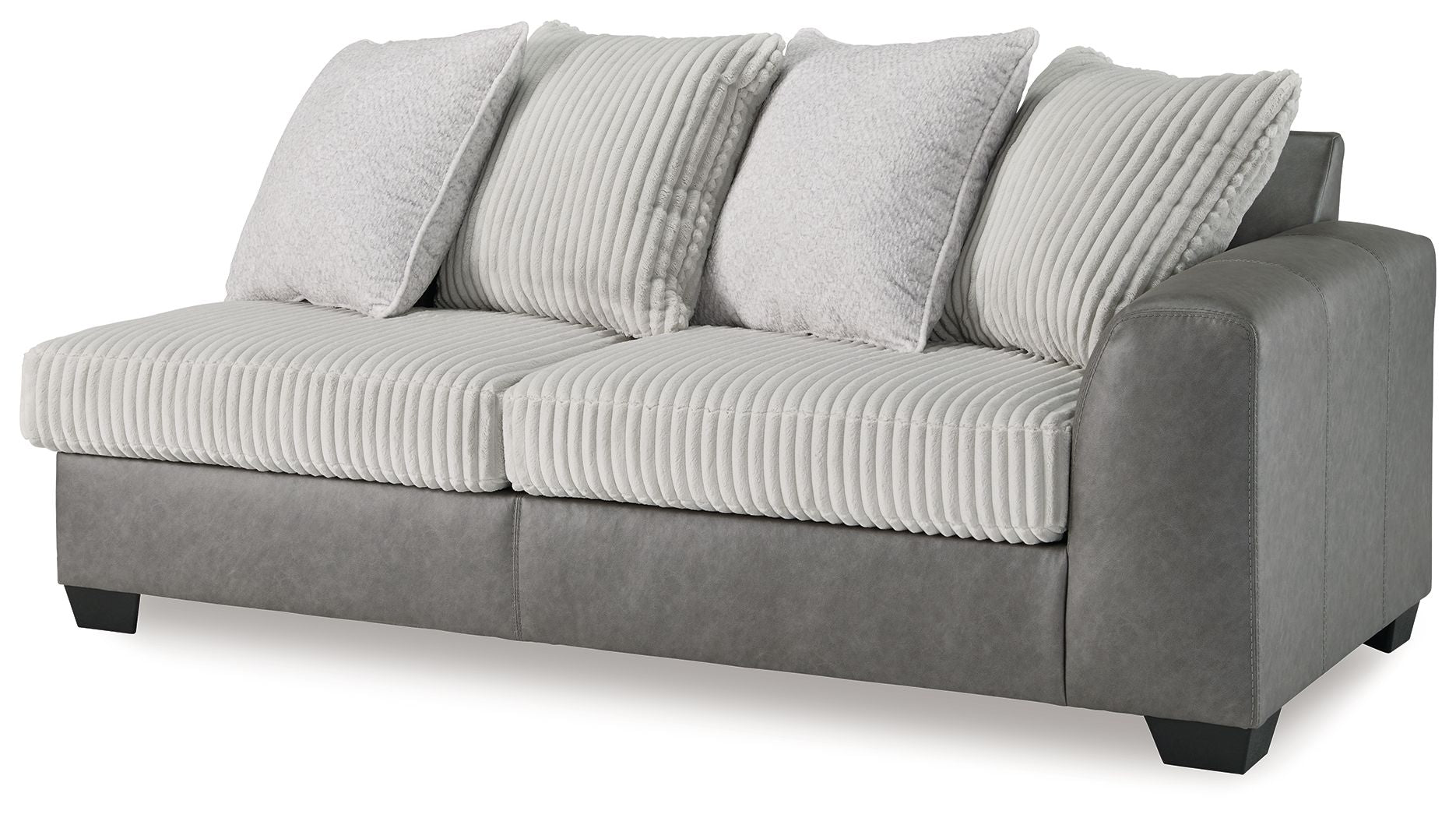Gray sofa with ribbed striped cushions and three back pillows on a boxy base