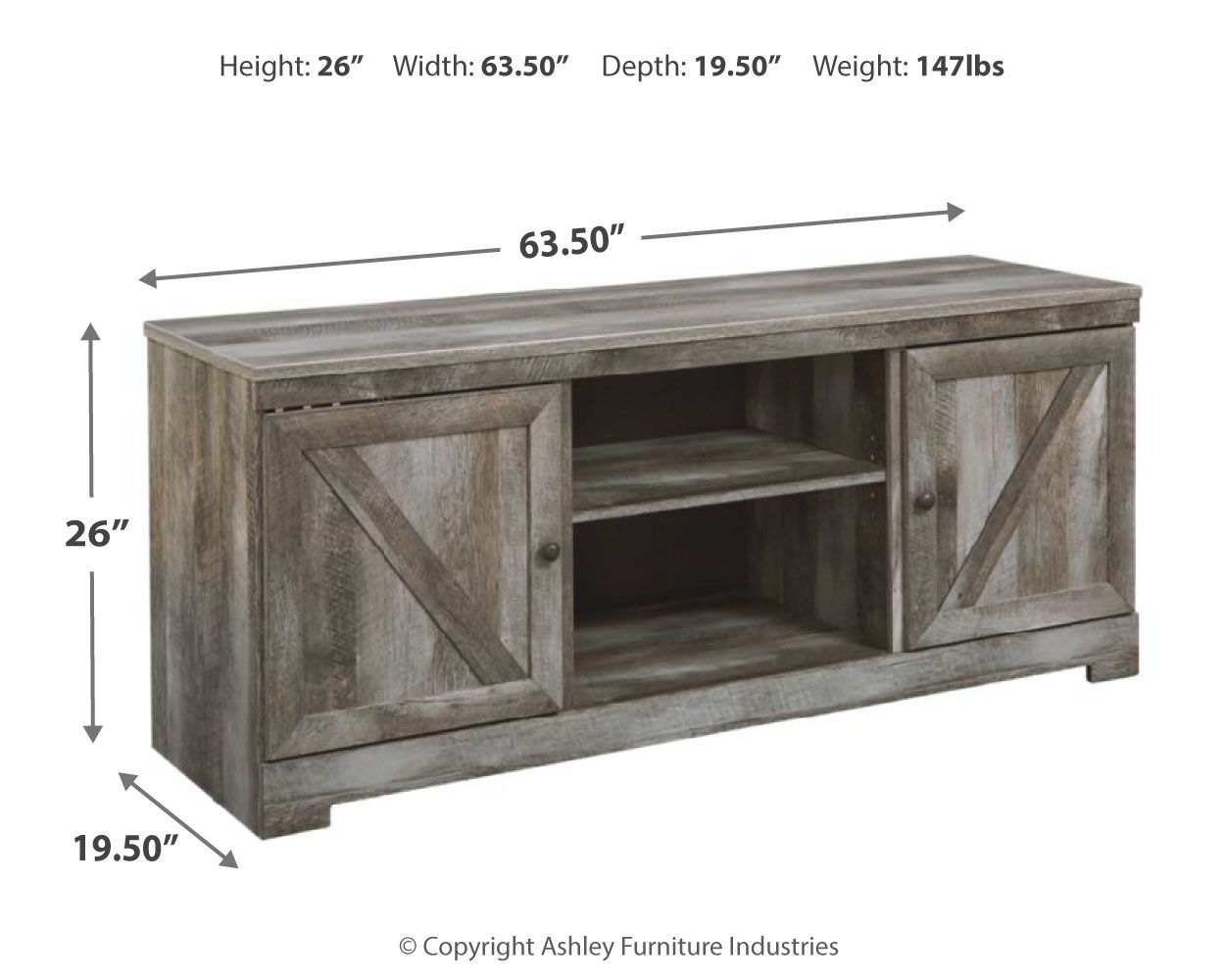 Gray TV stand with fireplace option, 63.5in W, 19.5in D, 26in H