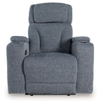Dark gray fabric power recliner with tall back, wide seat, and padded arm panels