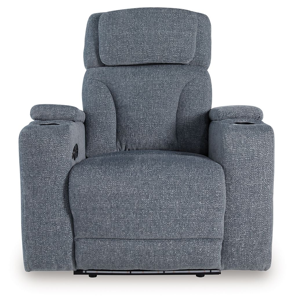 Dark gray fabric power recliner with tall back, wide seat, and padded arm panels