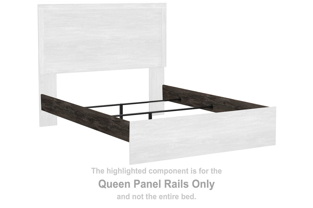 Queen panel rails set in gray, with tall headboard and low footboard panels