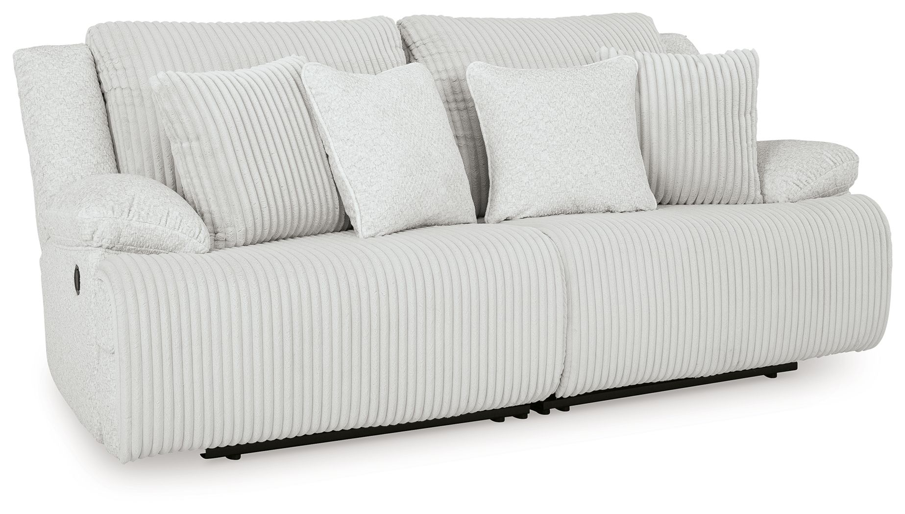 Light gray reclining sectional with chaise, ribbed fabric, and stacked back cushions