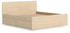 Light brown wood platform bed with panel headboard and two built-in storage drawers.