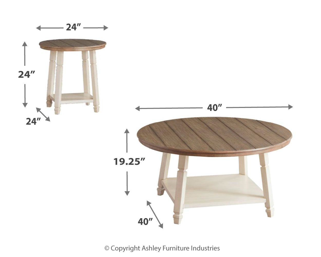 Occasional table set dimensions: 40 in round top, 24 in side table, white legs