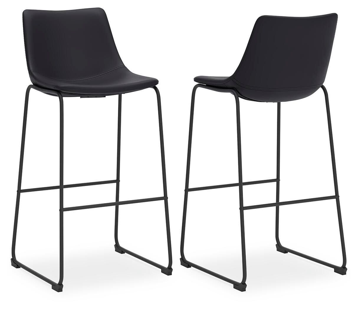 Black upholstered barstool set of 2 with black metal frame and curved seat back