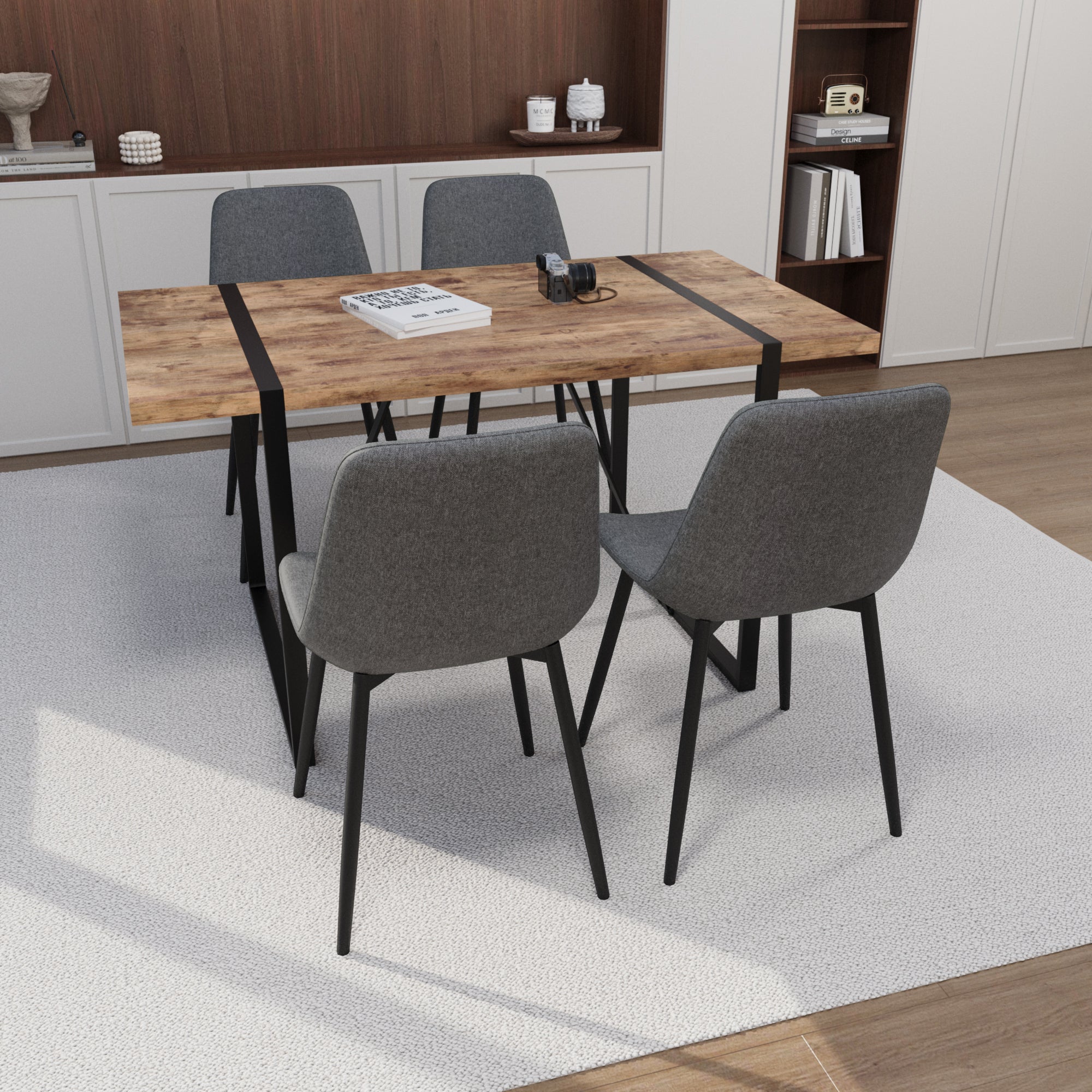 55" Dark Wood Dining Table & Chairs Set - 4 Pcs