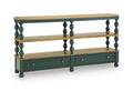 Blue console sofa table with brown top, two drawers, lower shelf, turned legs.